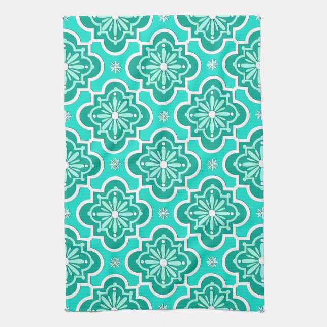 Moroccan tile pattern - Turquoise and Aqua Kitchen Towel (Vertical)