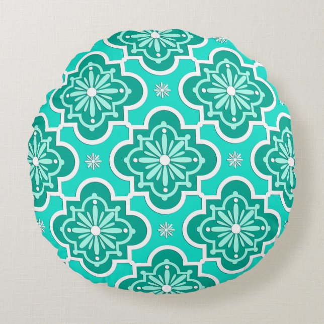 Moroccan tile pattern - Turquoise and Aqua Round Pillow (Front)