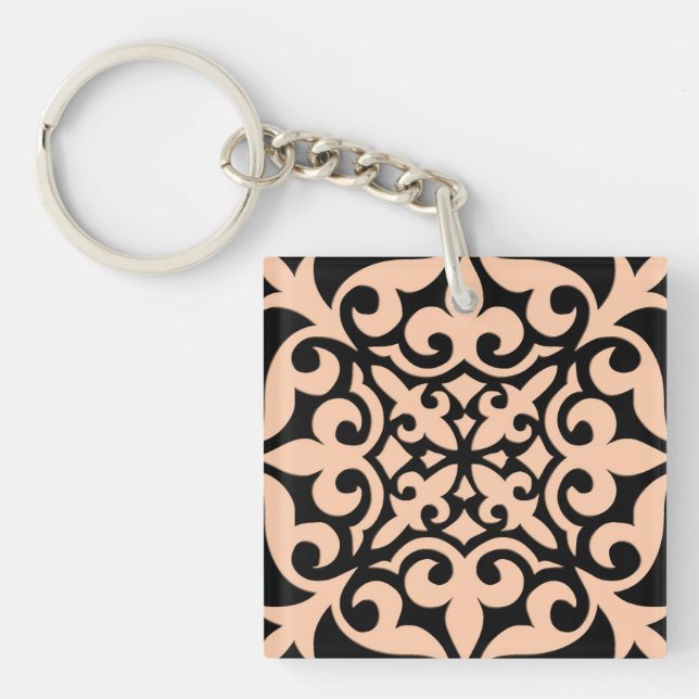 Moroccan tile - peach pink and black keychain (Front)