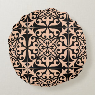 Moroccan tile - peach pink and black round pillow