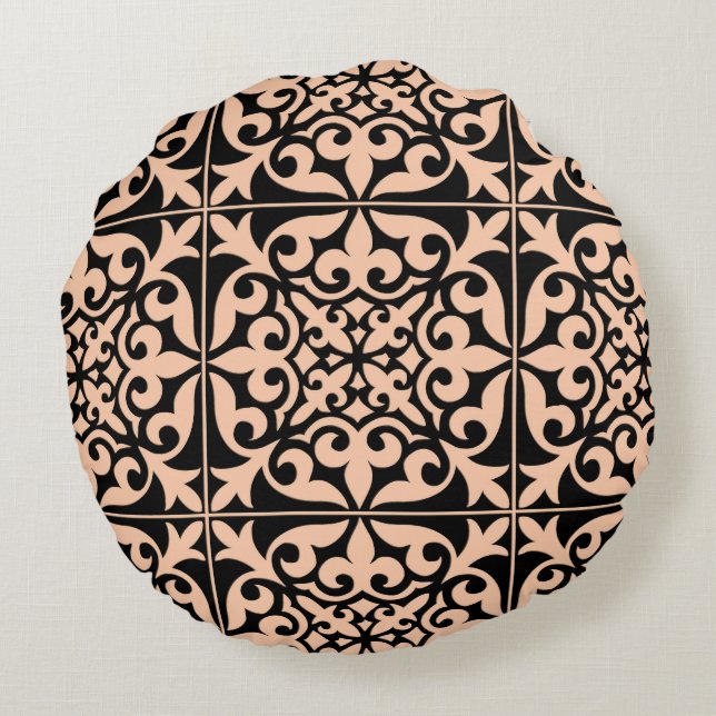 Moroccan tile - peach pink and black round pillow (Back)
