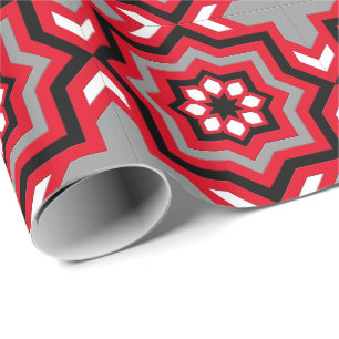Moroccan Tile, Red, Grey / Grey, Black and White Wrapping Paper