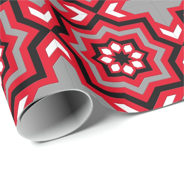 Moroccan Tile, Red, Grey / Grey, Black and White Wrapping Paper (Roll Corner)