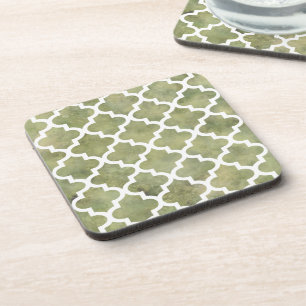 Moroccan Tile Trellis Patterm on Moss Green Marble Coaster