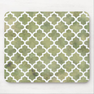 Moroccan Tile Trellis Patterm on Moss Green Marble Mouse Pad