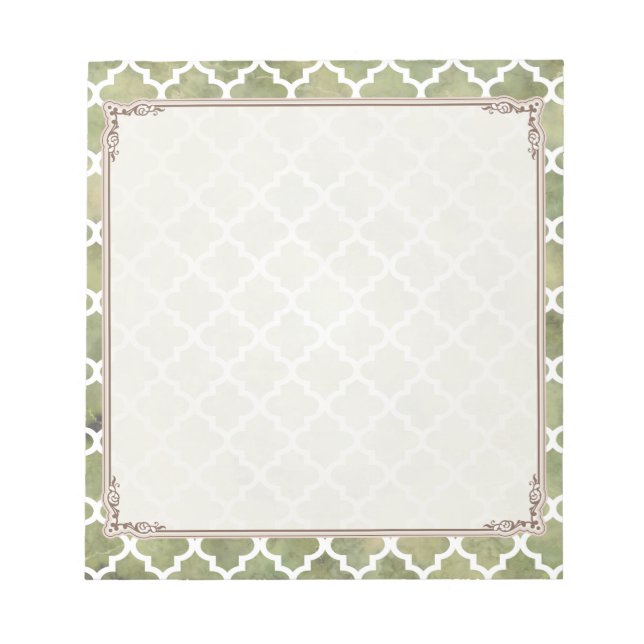 Moroccan Tile Trellis Patterm on Moss Green Marble Notepad (Front)