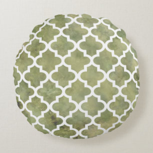 Moroccan Tile Trellis Pattern on Moss Green Marble Round Pillow