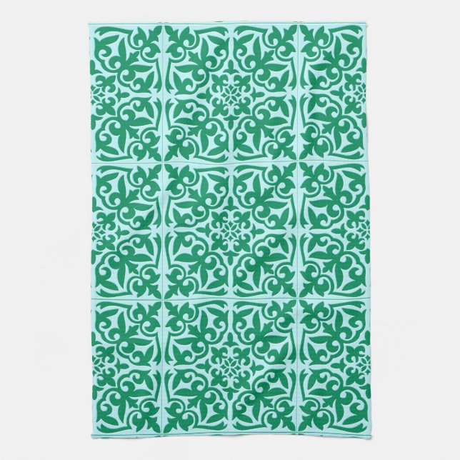 Moroccan tile - turquoise and aqua kitchen towel (Vertical)