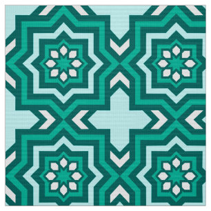 Moroccan Tile, Turquoise, Teal, Aqua and White Fabric