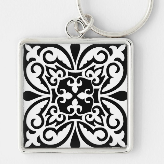 Moroccan tile - white with black background keychain (Front)