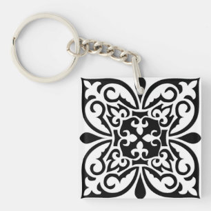 Moroccan tile - white with black background keychain