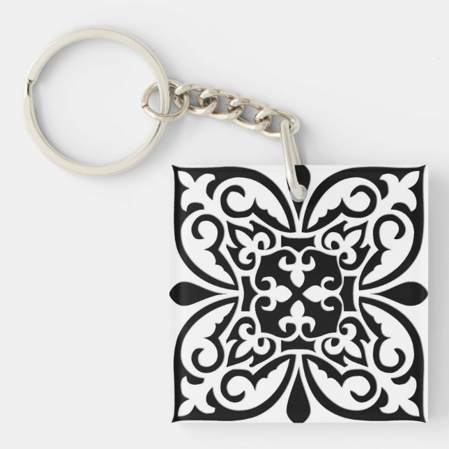 Moroccan tile - white with black background keychain (Front)