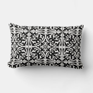 Moroccan tile - white with black background lumbar pillow