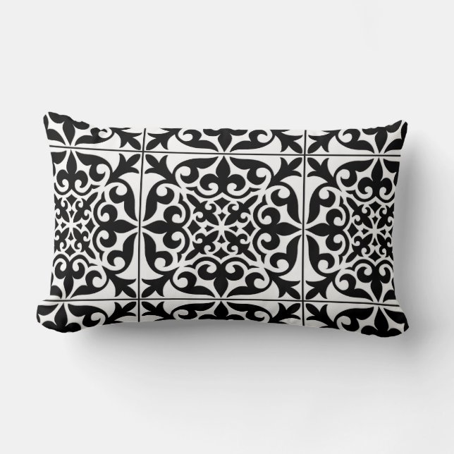 Moroccan tile - white with black background lumbar pillow (Front)
