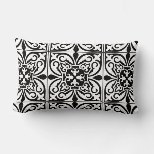 Moroccan tile - white with black background lumbar pillow