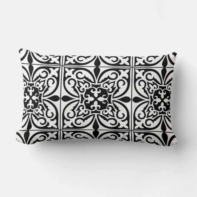 Moroccan tile - white with black background lumbar pillow (Front)