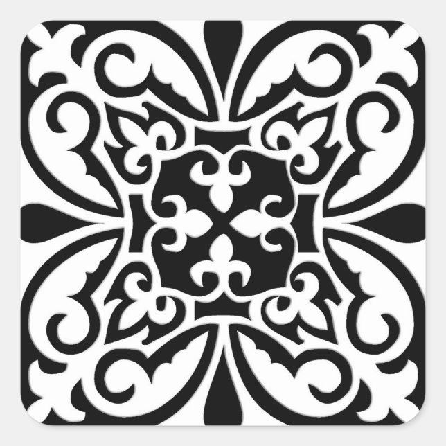 Moroccan tile - white with black background square sticker (Front)