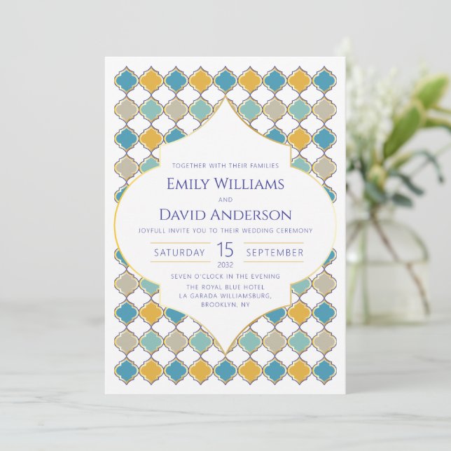 Moroccan Tile Yellow Blue Golden Wedding Invitation (Standing Front)