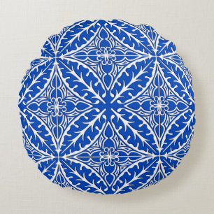 Moroccan tiles - cobalt blue and white round pillow