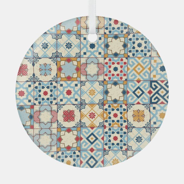 Moroccan tiles, colourful seamless pattern. glass ornament (Front)