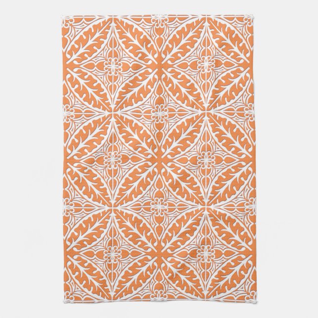 Moroccan tiles - coral orange and white kitchen towel (Vertical)