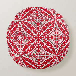 Moroccan tiles - dark red and white round pillow
