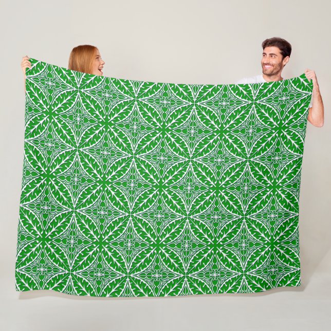 Moroccan tiles - emerald green and white fleece blanket (In Situ)