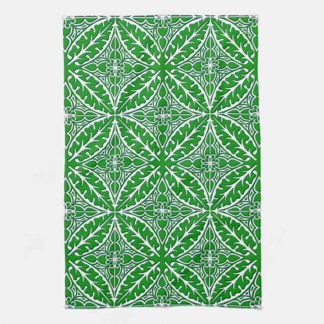 Moroccan tiles - emerald green and white kitchen towel (Vertical)