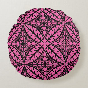 Moroccan tiles - fuchsia pink and black round pillow