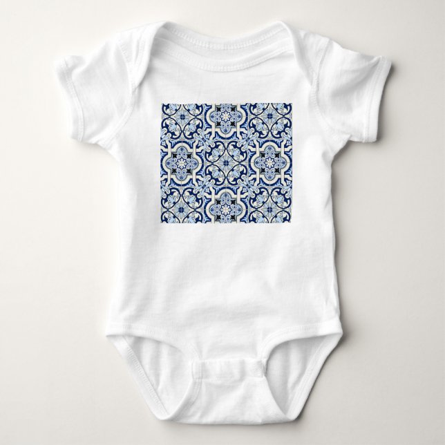 Moroccan Tiles: Gorgeous Blue Patterns. Baby Bodysuit (Front)
