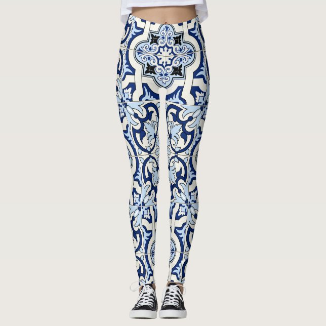 Moroccan Tiles: Gorgeous Blue Patterns. Leggings (Front)