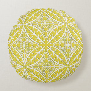 Moroccan tiles - mustard gold and white round pillow