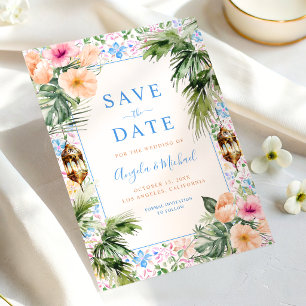 Moroccan Tiles Palm Tree & Tropical Floral Wedding Save The Date