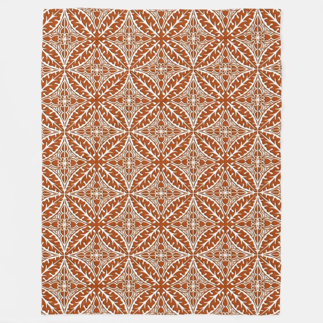 Moroccan tiles - rust brown and white fleece blanket (Front)