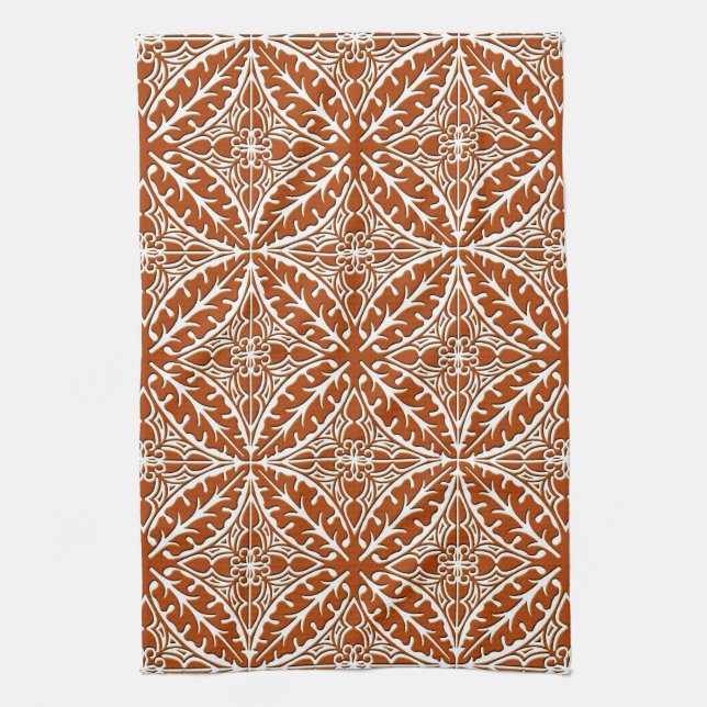 Moroccan tiles - rust brown and white kitchen towel (Vertical)
