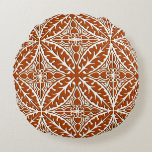 Moroccan tiles - rust brown and white round pillow