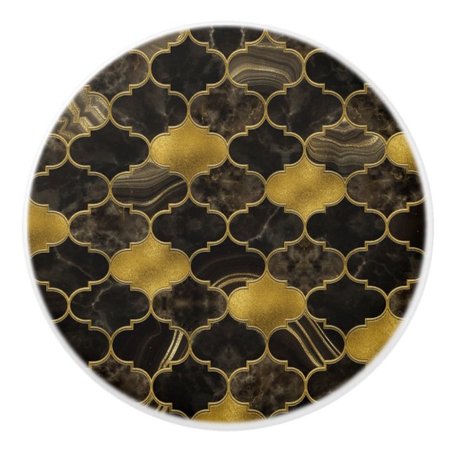 Moroccan trellis Black Marble and Gold Ceramic Knob (Front)
