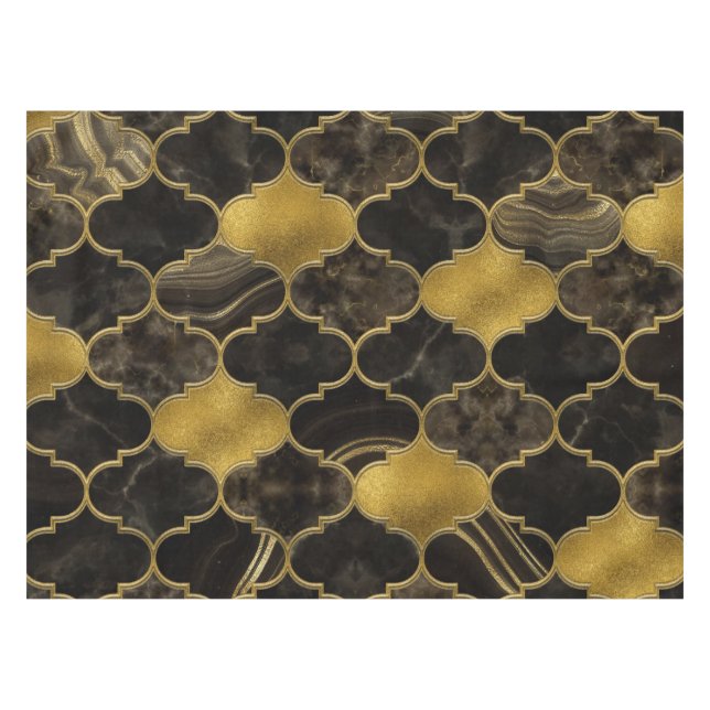 Moroccan trellis Black Marble and Gold Tablecloth (Front (Horizontal))