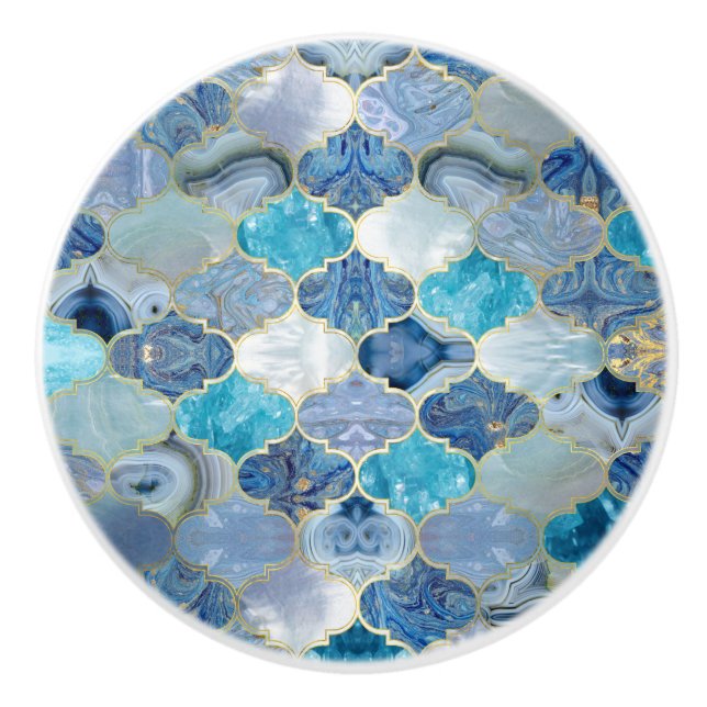 Moroccan trellis Blue Mineral Textures Ceramic Knob (Front)