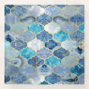 Moroccan trellis Blue Mineral Textures Glass Coaster
