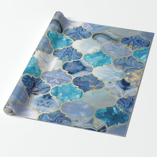 Moroccan trellis Blue Mineral Textures Wrapping Paper (Unrolled)