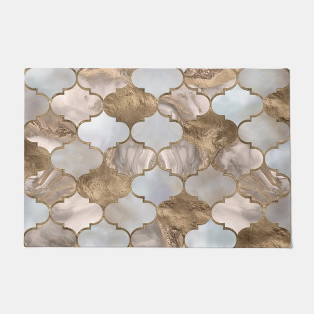 Moroccan trellis White marble and gold Doormat (Front)