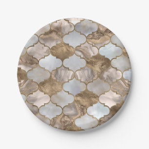 Moroccan trellis White marble and gold Paper Plate