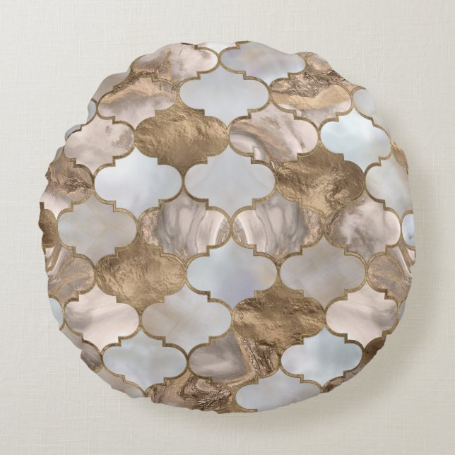 Moroccan trellis White marble and gold Round Pillow (Front)