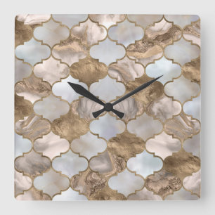 Moroccan trellis White marble and gold Square Wall Clock