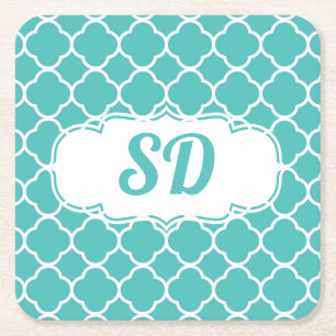 Moroccan Turquoise Quatrefoil Pattern Monogram Square Paper Coaster