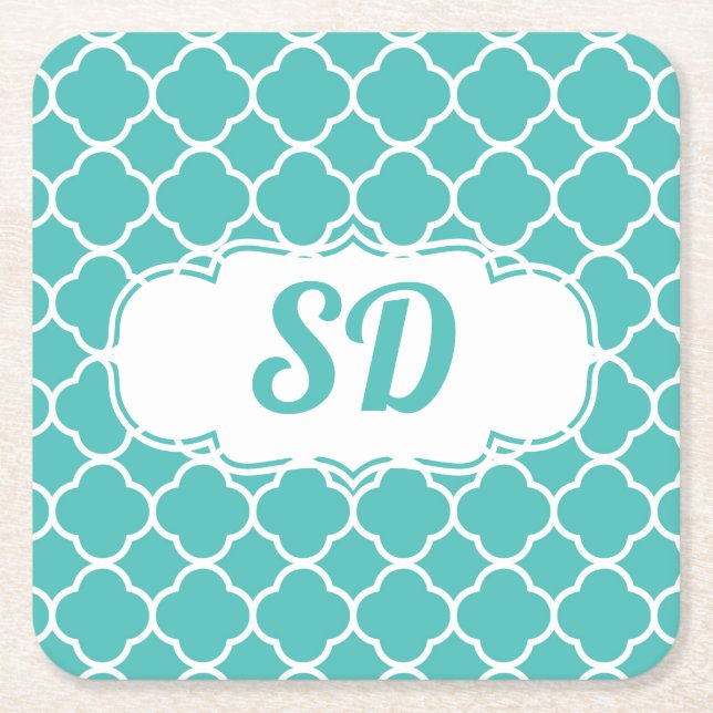 Moroccan Turquoise Quatrefoil Pattern Monogram Square Paper Coaster (Front)