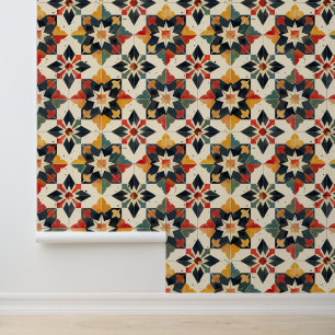 Moroccan Zellij Red Yellow and Green Wallpaper