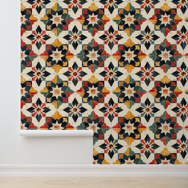 Moroccan Zellij Red Yellow and Green Wallpaper (Application)