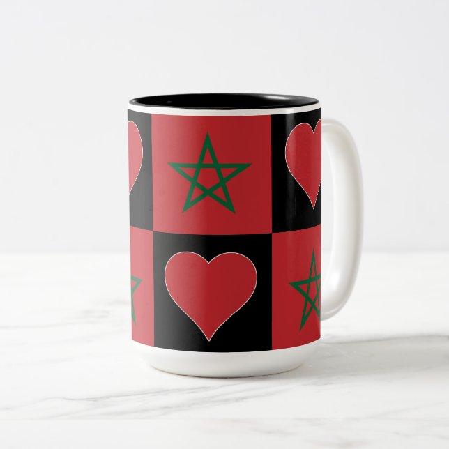 Morocco Flag Heart Pattern Fun Patriotic Moroccan Two-Tone Coffee Mug (Front Right)